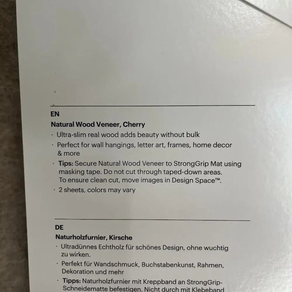 Cricut Natural Wood Cherry Veneer (2)‎ 12x12 SHEETS